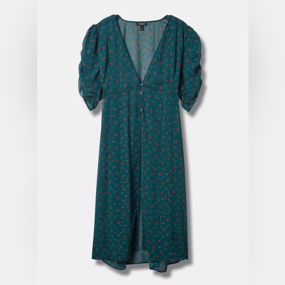 Torrid Teal Green Floral Print Chiffon Ruched Sleeve Kimono SIZE 4